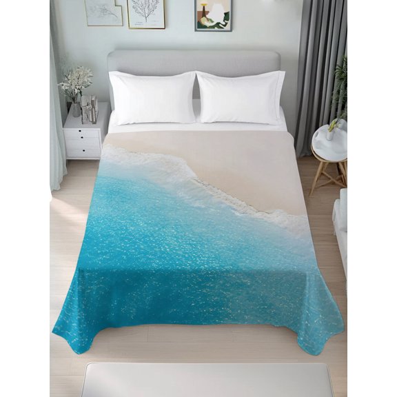 King Flat Sheet Only Ocean Beach Watercolor Blue Soft Microfiber Cooling Bedding Sheets Summer Waves Minimalist Flat Bed Sheet