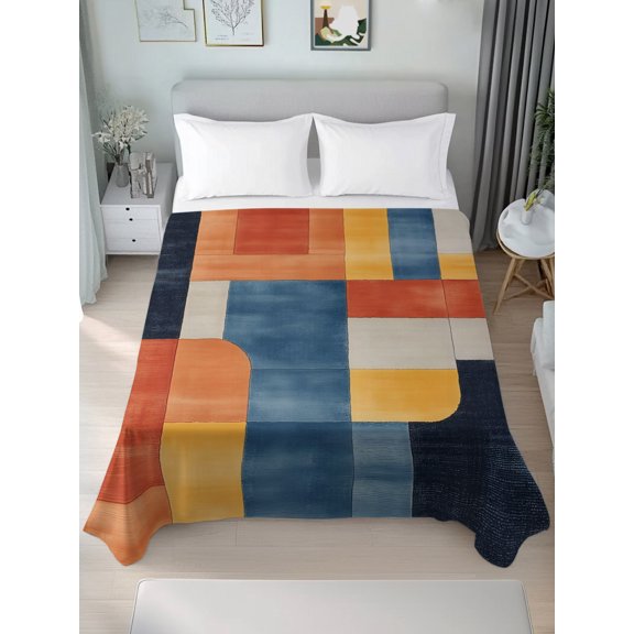 King Flat Sheet Only Orange Blue Gradient Abstract Geometric Soft Microfiber Cooling Bedding Sheets Color Block Splicing Art Flat Bed Sheet