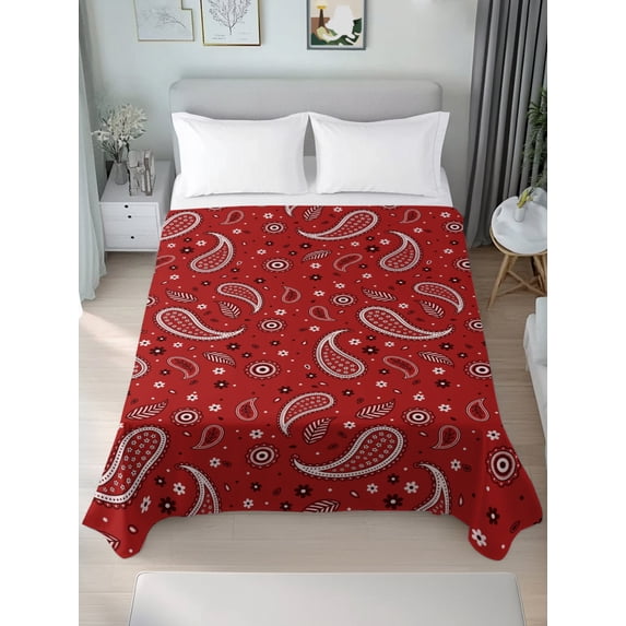 King Flat Sheet Only Red Paisley Pattern Soft Microfiber Cooling Bedding Sheets White Seamless Floral Art Flat Bed Sheet for Hotel,Home Decor
