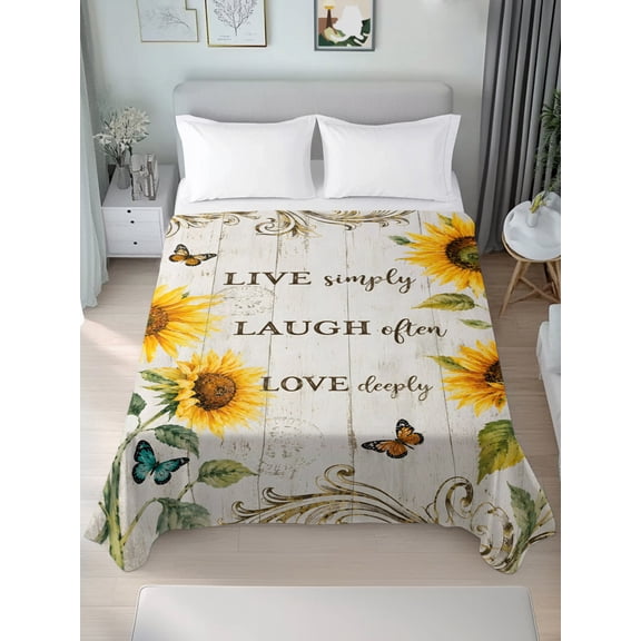 King Flat Sheet Only Rustic Sunflower Butterfly Live Quote Soft Microfiber Cooling Bedding Sheets Floral Retro Wood Plank Flat Bed Sheet