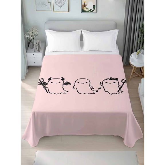 King Flat Sheet Only Spooky Halloween Ghost on Pink Soft Microfiber Cooling Bedding Sheets Cute Black Sketch Flat Bed Sheet