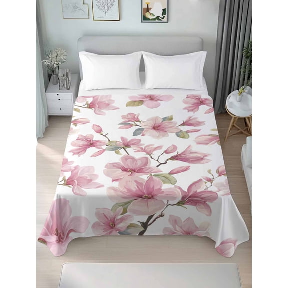 King Flat Sheet Only Spring Pink Blossom Flower Soft Microfiber Cooling Bedding Sheets Watercolor Magnolia Floral Branch Flat Bed Sheet