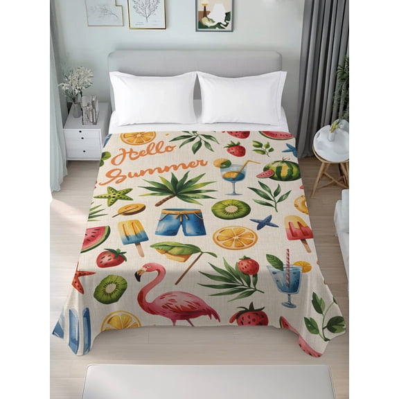 King Flat Sheet Only Summer Lemon Pink Flamingo Soft Microfiber Cooling Bedding Sheets Watermelon Fruit Beach Vacation Flat Bed Sheet