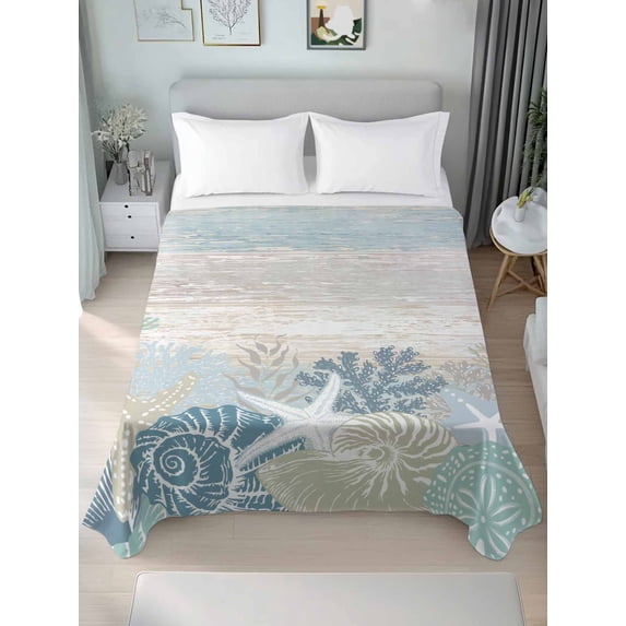 King Flat Sheet Only Summer Ocean Coral Conch Soft Microfiber Cooling Bedding Sheets Coastal Starfish Retro Plank Flat Bed Sheet for Hotel,Home Decor