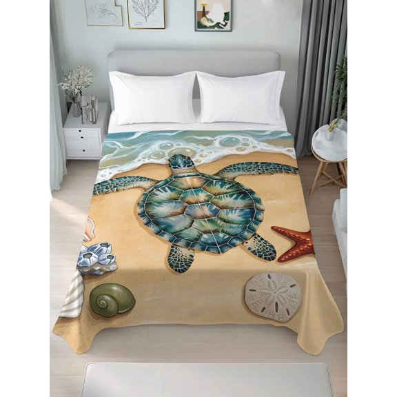 King Flat Sheet Only Summer Sea Turtle Ocean Wave Soft Microfiber Cooling Bedding Sheets Marine Shell Starfish Conch Flat Bed Sheet