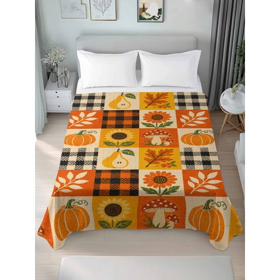 King Flat Sheet Only Thanksgiving Fall Pumpkins Soft Microfiber Cooling Bedding Sheets Sunflowers Plaid Patchwork Flat Bed Sheet for Hotel,Home Decor
