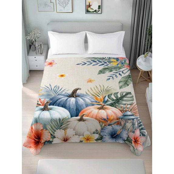 King Flat Sheet Only Thanksgiving Sky Blue Pumpkin Soft Microfiber Cooling Bedding Sheets Fall Blue Green Leaves Flat Bed Sheet
