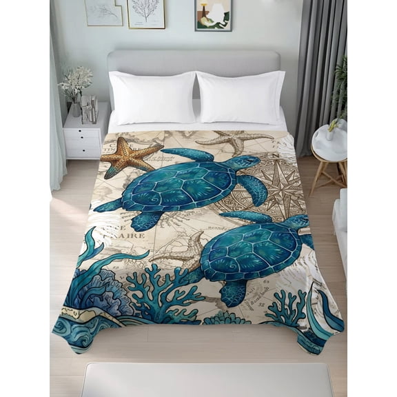 King Flat Sheet Only Vintage Sea Turtle Seaweed Starfish Soft Microfiber Cooling Bedding Sheets Compass Shell World Map Flat Bed Sheet