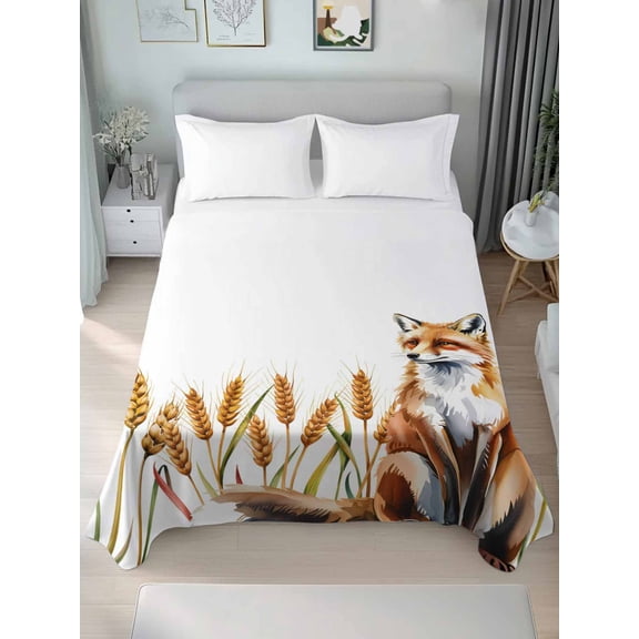 King Flat Sheet Only Watercolor Cute Fox Soft Microfiber Cooling Bedding Sheets Autumn Countryside Farmhouse Flat Bed Sheet for Hotel,Home Decor