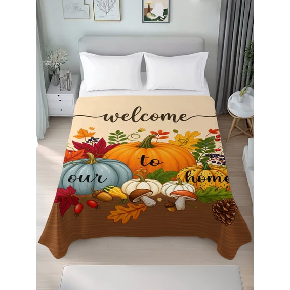 King Flat Sheet Only Welcome to Our Home Words Soft Microfiber Cooling Bedding Sheets Thanksgiving Maple Leaves Flat Bed Sheet for Hotel,Home Decor