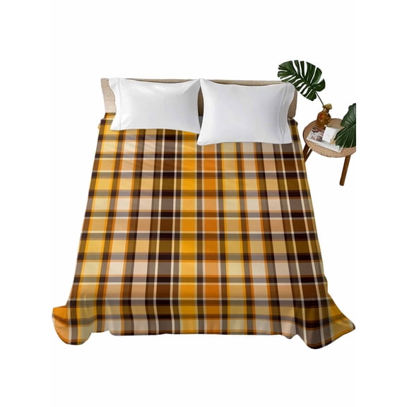King Flat Sheet Orange Yellow Buffalo Plaid Flat Sheets Only Soft Breathable Microfiber Bedding Top Sheets Luxury Hotel Quality Classic Check King Bed Sheet for All Season Bedroom Dorm Home Decor