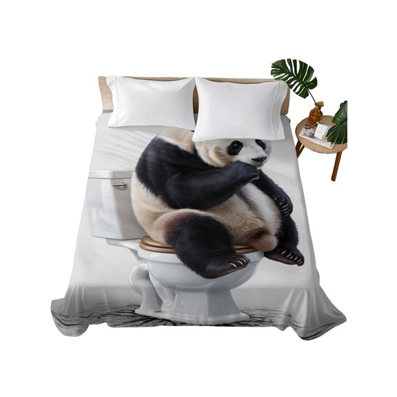 King Flat Sheet Panda Sitting on The Toilet Flat Sheets Only Soft Breathable Microfiber Bedding Top Sheets Luxury Hotel Quality Funny Animal Grey King Bed Sheet for All Season Bedroom Dorm