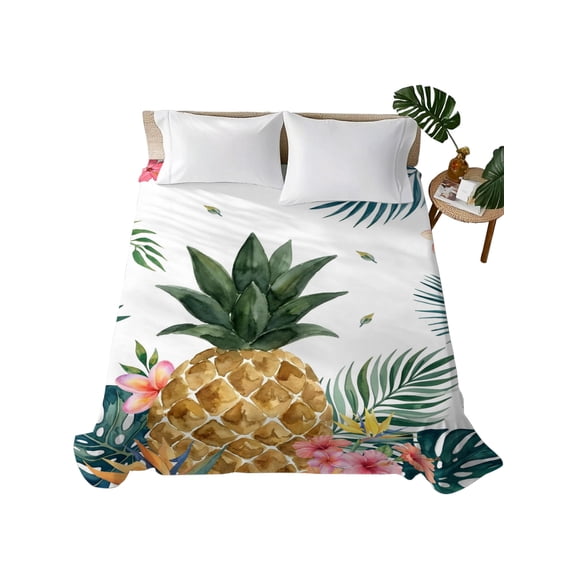 King Flat Sheet Pineapple Palm Leaves Flat Sheets Only Soft Breathable Microfiber Bedding Top Sheets Luxury Hotel Quality Summer Tropical Fruit Petals King Bed Sheet for All Season Bedroom Dorm