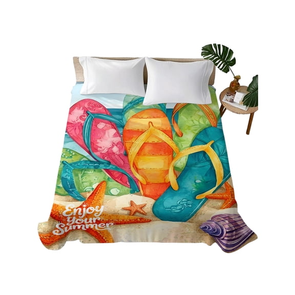 King Flat Sheet Rainbow Flip Flops Flat Sheets Only Soft Breathable Microfiber Bedding Top Sheets Luxury Hotel Quality Summer Beach Sand Starfish King Bed Sheet for All Season Bedroom Dorm