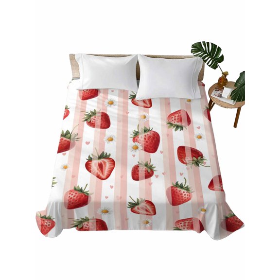 King Flat Sheet Red Strawberry Flat Sheets Only Soft Breathable Microfiber Bedding Top Sheets Luxury Hotel Quality Summer Fruit Daisy Pink Stripes King Bed Sheet for All Season Bedroom Dorm