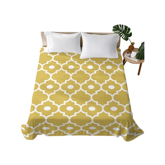 King Flat Sheet Retro Moroccan Design Flat Sheets Only Soft Breathable Microfiber Bedding Top Sheets Luxury Hotel Quality Yellow Geometric Pattern King Bed Sheet for All Season Bedroom Dorm