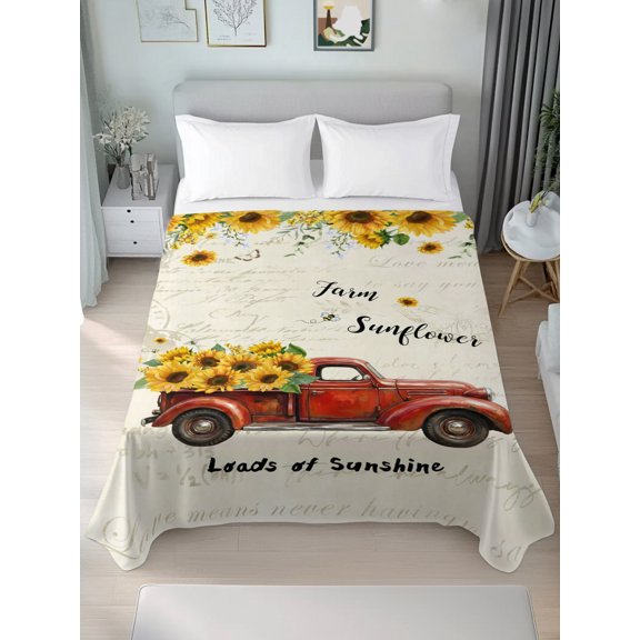 King Flat Sheet Only Rustic Sunflower Red Truck Soft Microfiber Cooling Bedding Sheets Flower Bee on Postcard Texture Flat Bed Sheet for Hotel,Home Decor