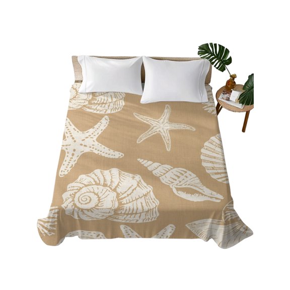 King Flat Sheet Shell Starfish Flat Sheets Only Soft Breathable Microfiber Bedding Top Sheets Luxury Hotel Quality Khaki Coastal Coral Conch King Bed Sheet for All Season Bedroom Dorm Home Decor