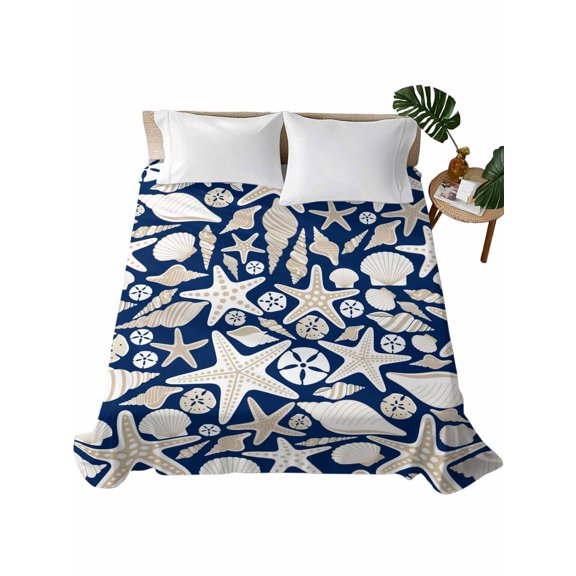 King Flat Sheet Shell Starfish Flat Sheets Only Soft Breathable Microfiber Bedding Top Sheets Luxury Hotel Quality Ocean Conch Beach Navy Blue King Bed Sheet for All Season Bedroom Dorm Home Decor