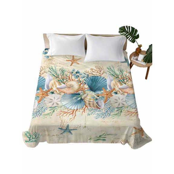 King Flat Sheet Starfish Conch Shell Flat Sheets Only Soft Breathable Microfiber Bedding Top Sheets Luxury Hotel Quality Ocean Coral Seagrass Retro King Bed Sheet for All Season Bedroom Dorm