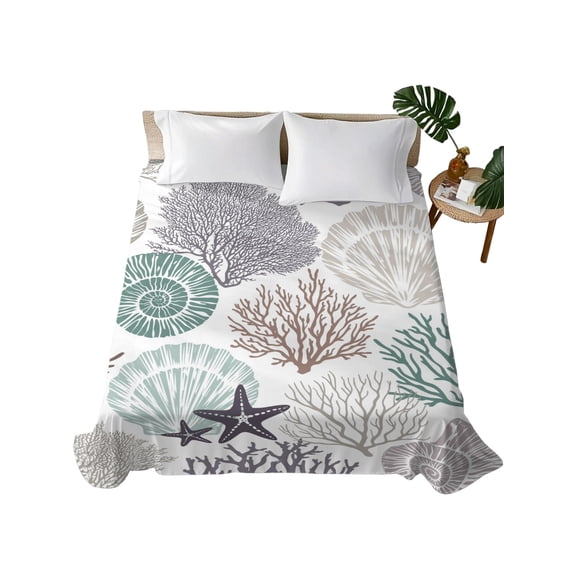 King Flat Sheet Starfish Shell Coral Flat Sheets Only Soft Breathable Microfiber Bedding Top Sheets Luxury Hotel Quality Teal Ocean Marine Life King Bed Sheet for All Season Bedroom Dorm Home Decor