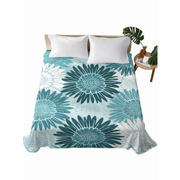King Flat Sheet, Teal Spring Floral King Bed Sheets Only, Soft Microfiber Flat Sheet, Farmhouse Botanical Summer Sunflower Hotel Quality Bedding Top Sheet Bedroom Home Dorm Decor