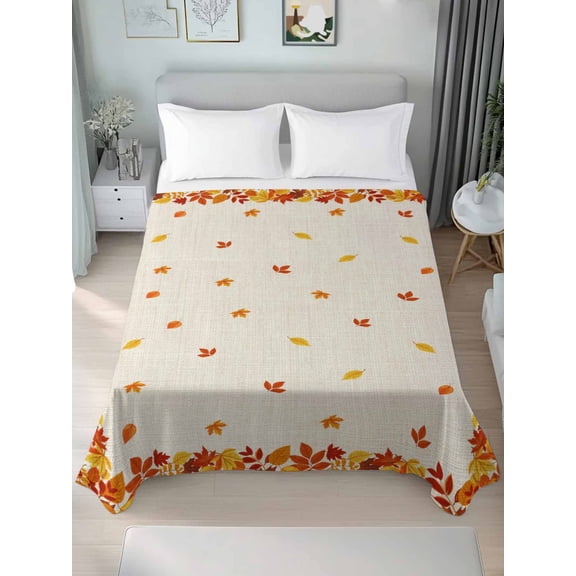 King Flat Sheet Only Thanksgiving Autumn Orange Maple Leaf Falling Soft Microfiber Cooling Bedding Sheets Watercolor Country Plant Flat Bed Sheet for Hotel,Home Decor