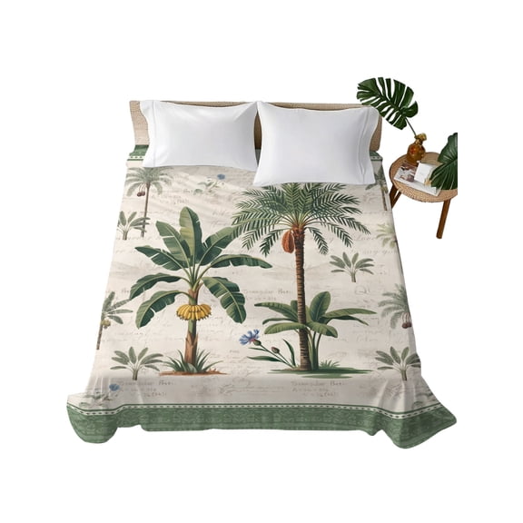 King Flat Sheet Tropical Coconut Banana Tree Flat Sheets Only Soft Breathable Microfiber Bedding Top Sheets Luxury Hotel Quality Green Summer Palm Leaves King Bed Sheet for All Season Bedroom Dorm