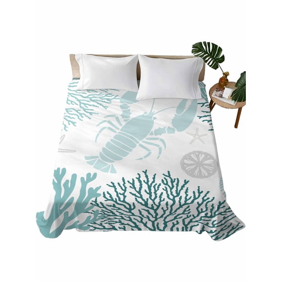 King Flat Sheet Turquoise Lobster Flat Sheets Only Soft Breathable Microfiber Bedding Top Sheets Luxury Hotel Quality Coral Starfish Shell King Bed Sheet for All Season Bedroom Dorm Home Decor