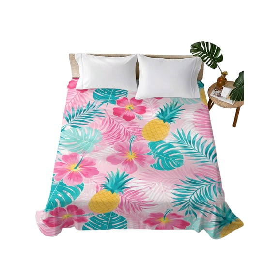 King Flat Sheet Turquoise Palm Leaves Flat Sheets Only Soft Breathable Microfiber Bedding Top Sheets Luxury Hotel Quality Summer Tropical Pineapple Hibiscus King Bed Sheet for All Season Bedroom