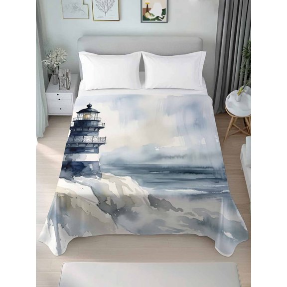 King Flat Sheet Only Watercolor Seaside Lighthouse Soft Microfiber Cooling Bedding Sheets Coastal Ocean Wave Oil Painting Flat Bed Sheet for Hotel,Home Decor
