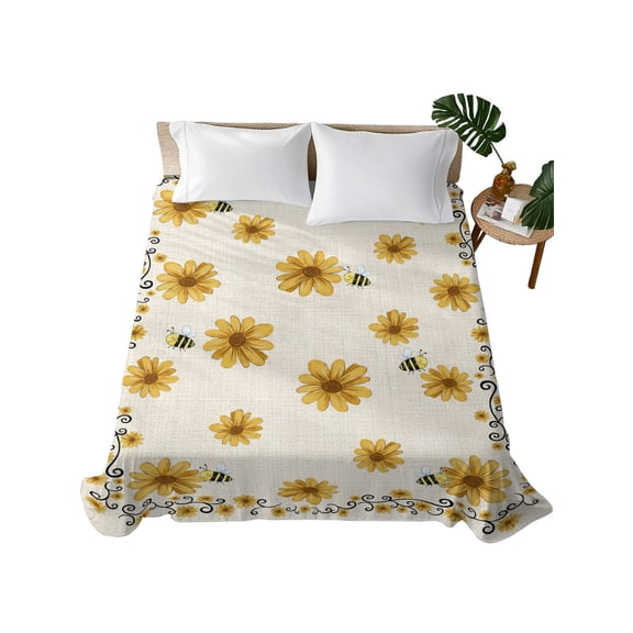 King Flat Sheet Yellow Daisy Bee Flat Sheets Only Soft Breathable Microfiber Bedding Top Sheets Luxury Hotel Quality Sunflower Vines Frame Linen King Bed Sheet for All Season Bedroom Dorm Home Decor