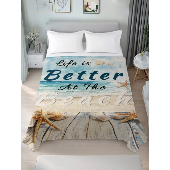 King Flat Sheets 1-Piece Bed Top Sheet Only,Better Beach Life Art Soft Microfiber Breathable Flat Sheet,Summer Ocean Starfish Shell Luxury Hotel Quality Bedding Top Sheet