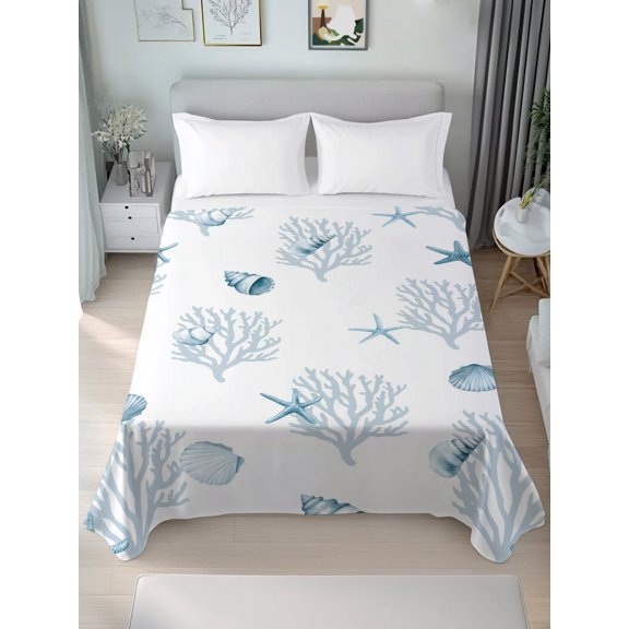 King Flat Sheets 1-Piece Bed Top Sheet Only,Blue Ocean Coral Shell Starfish Soft Microfiber Breathable Flat Sheet,Summer Nautical Conch Luxury Hotel Quality Bedding Top Sheet