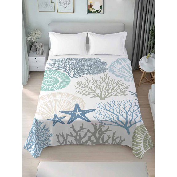 King Flat Sheets 1-Piece Bed Top Sheet Only,Blue Ocean Shells Coral Soft Microfiber Breathable Flat Sheet,Conch Starfish Marine Life Luxury Hotel Quality Bedding Top Sheet