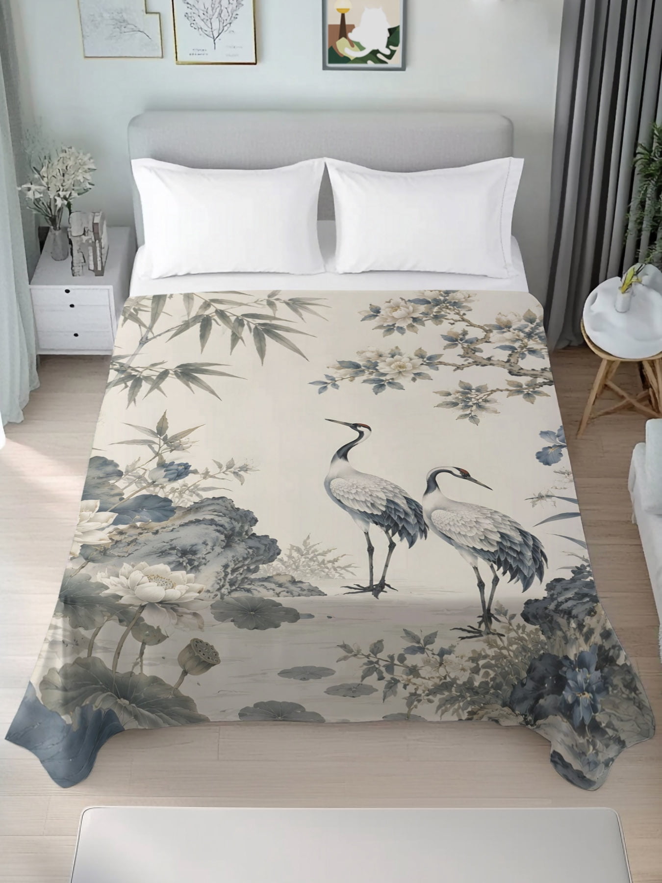 King Flat Sheets 1-Piece Bed Top Sheet Only,Chinese Style Crane Bird ...