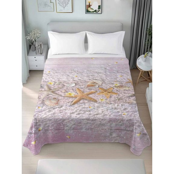 King Flat Sheets 1-Piece Bed Top Sheet Only,Coastal Beach Starfish Shell Conch Soft Microfiber Breathable Flat Sheet,Ocean Life Pink Wood Plank Luxury Hotel Quality Bedding Top Sheet