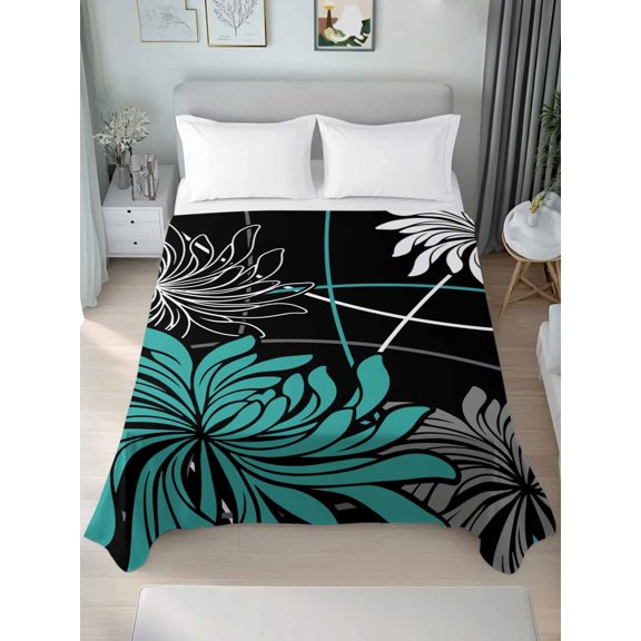 King Flat Sheets 1-Piece Bed Top Sheet Only,Green Gray White Chrysanthemum Soft Microfiber Breathable Flat Sheet,Modern Floral Art Luxury Hotel Quality Bedding Top Sheet