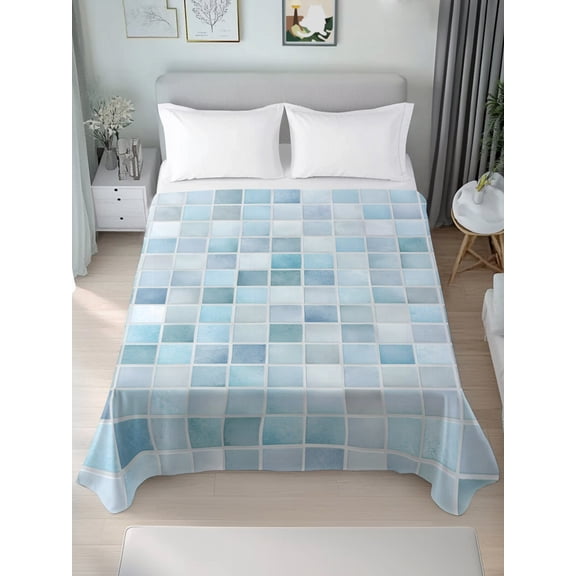 King Flat Sheets 1-Piece Bed Top Sheet Only,Light Blue Gray Color Block Soft Microfiber Breathable Flat Sheet,Summer Ocean Watercolor Square Luxury Hotel Quality Bedding Top Sheet