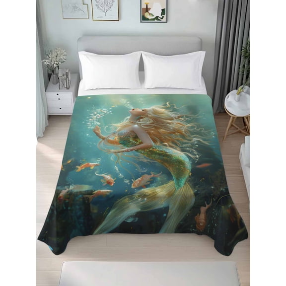 King Flat Sheets 1-Piece Bed Top Sheet Only,Marine Beautiful Mermaid Fish Soft Microfiber Breathable Flat Sheet,Undersea Ocean Life Seaweed Luxury Hotel Quality Bedding Top Sheet