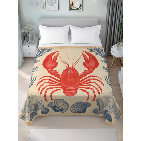 King Flat Sheets 1-Piece Bed Top Sheet Only,Ocean Red Lobster Seaweed Soft Microfiber Breathable Flat Sheet,Marine Shell Coral on Light Brown Luxury Hotel Quality Bedding Top Sheet