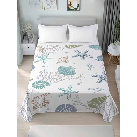 King Flat Sheets 1-Piece Bed Top Sheet Only,Sea Shell Starfish Coral Seamless Soft Microfiber Breathable Flat Sheet,Summer Ocean Theme Luxury Hotel Quality Bedding Top Sheet