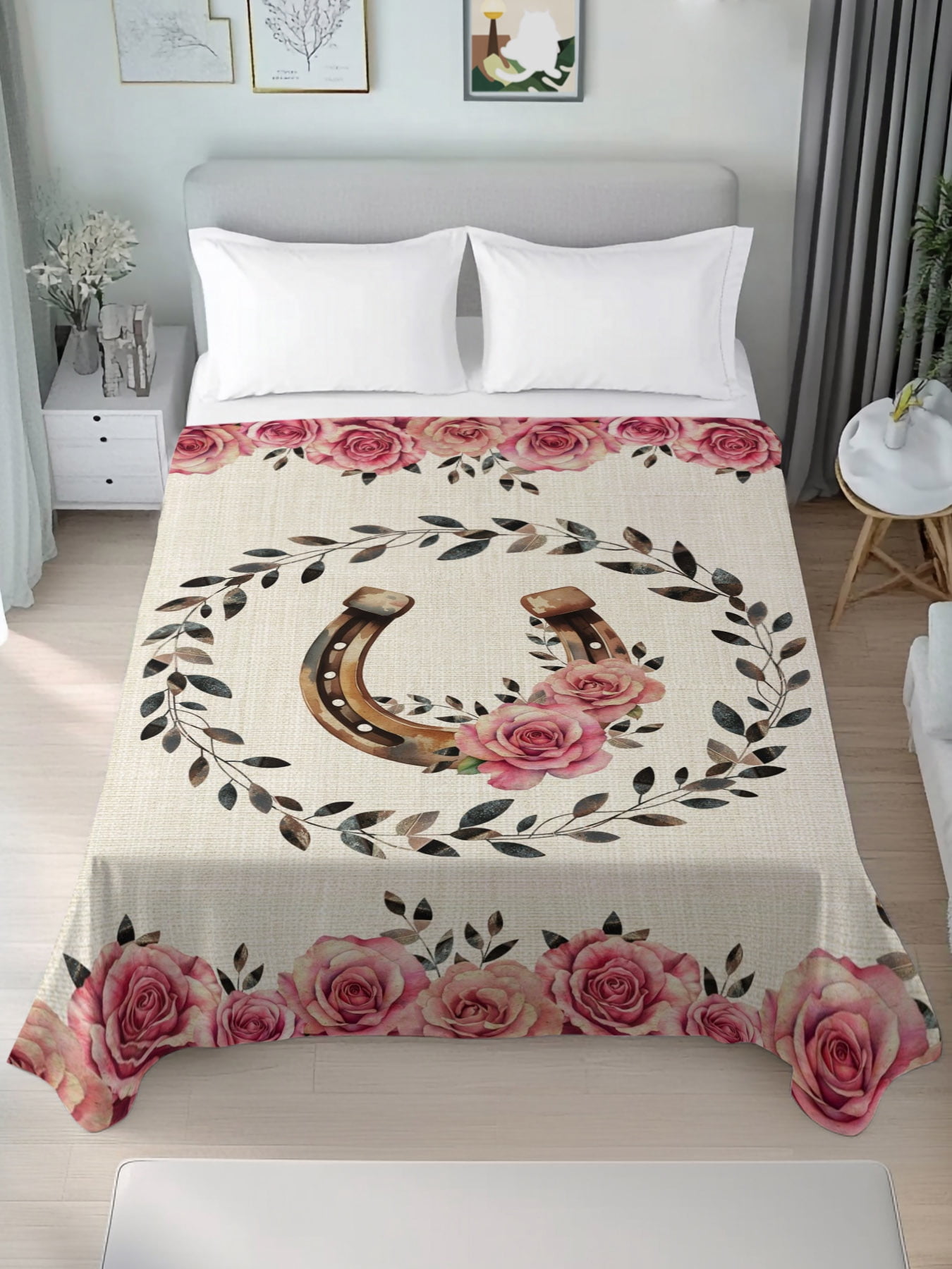 Sheets King Pattern Spring King Flat Sheets 1-Piece Bed Top Sheet Only,Spring Rose Horseshoes Leaf ...