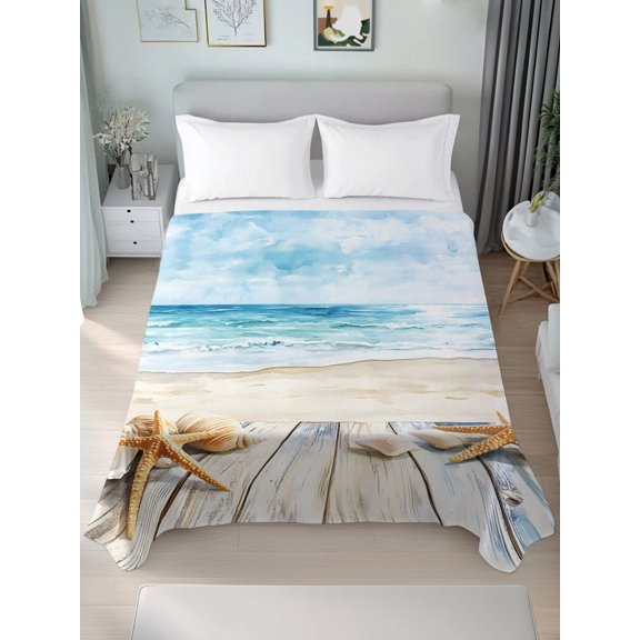 King Flat Sheets 1-Piece Bed Top Sheet Only,Summer Beach Starfish Shell Soft Microfiber Breathable Flat Sheet,Blue Sea Ocean Luxury Hotel Quality Bedding Top Sheet