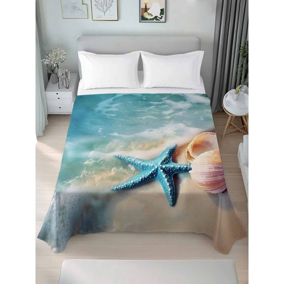 King Flat Sheets 1-Piece Bed Top Sheet Only,Summer Beach Starfish Shells Soft Microfiber Breathable Flat Sheet,Blue Waves Water Ripple Luxury Hotel Quality Bedding Top Sheet