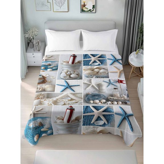 King Flat Sheets 1-Piece Bed Top Sheet Only,Summer Ocean Starfish Shell Conch Lighthouse Soft Microfiber Breathable Flat Sheet,Ocean Collage Art Luxury Hotel Quality Bedding Top Sheet
