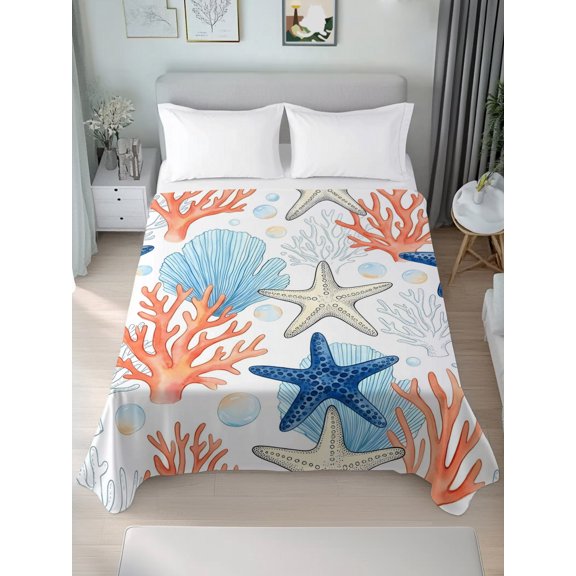 King Flat Sheets 1-Piece Bed Top Sheet Only,Summer Starfish Coral Shell Bubble Soft Microfiber Breathable Flat Sheet,Underwater Marine Creature Luxury Hotel Quality Bedding Top Sheet