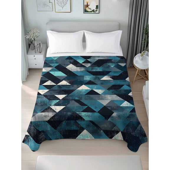 King Flat Sheets 1-Piece Bed Top Sheet Only,Teal Blue Black Color Block Geometric Soft Microfiber Breathable Flat Sheet,Retro Abstract Art Luxury Hotel Quality Bedding Top Sheet