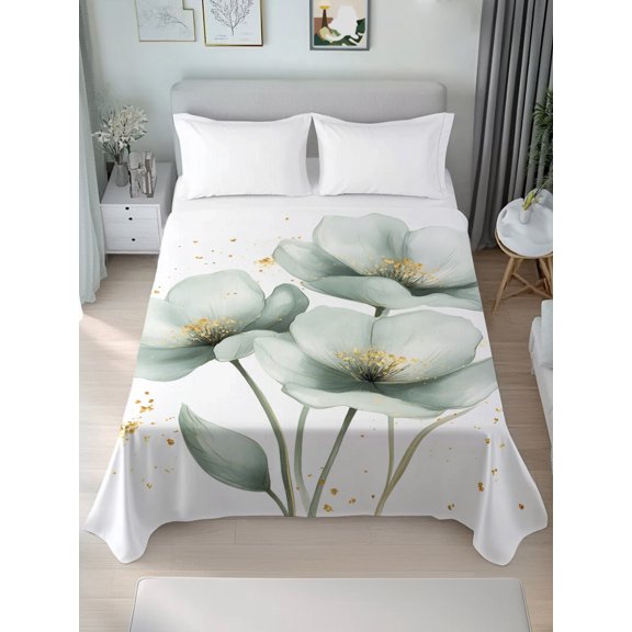 King Flat Sheets 1-Piece Bed Top Sheet Only,Watercolor Blossom Flower on White Soft Microfiber Breathable Flat Sheet,Spring Floral Leaf Luxury Hotel Quality Bedding Top Sheet