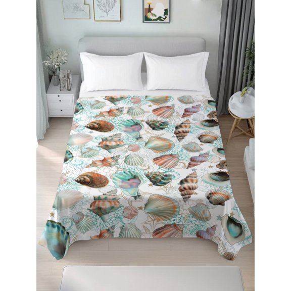 King Flat Sheets 1-Piece Bed Top Sheet Only,Watercolor Marine Sea Conch Shell Soft Microfiber Breathable Flat Sheet,Coral Turtle on White Luxury Hotel Quality Bedding Top Sheet